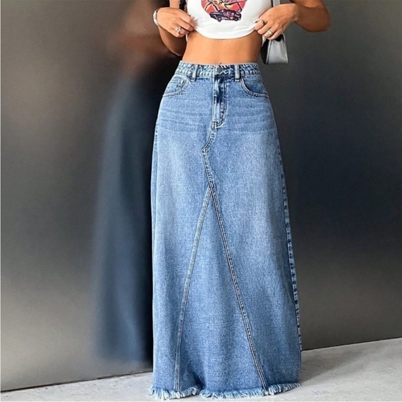 Boho blue denim high waisted maxi skirt - Picture 5 of 7